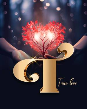 Golden letter 'T' with a heart-shaped tree held in hands