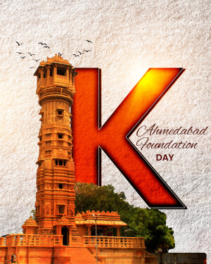 Image depicting the Sidi Saiyyed Mosque in Ahmedabad with a large letter 'K' and text 'Ahmedabad Foundation Day'