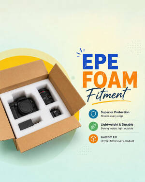 Cardboard box with custom EPE foam insert holding a camera and lenses