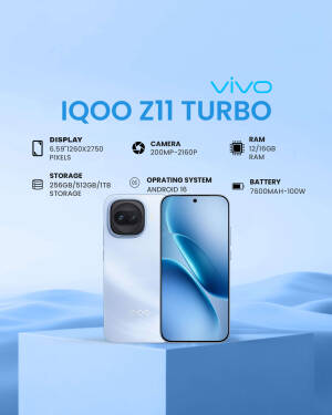 Vivo iQOO Z11 Turbo smartphone front and back view with technical specifications displayed on a light blue background.