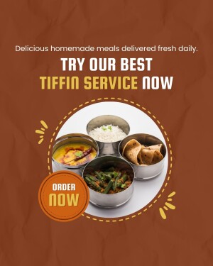 Image promoting a tiffin service with a variety of Indian dishes.