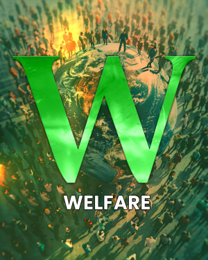 A large green letter 'W' superimposed over an image of Earth with people in the background, with the word 'WELFARE' below.