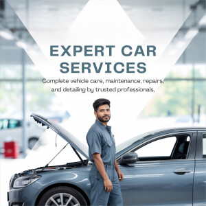 Car mechanic standing in front of a car with the hood open, advertising expert car services.
