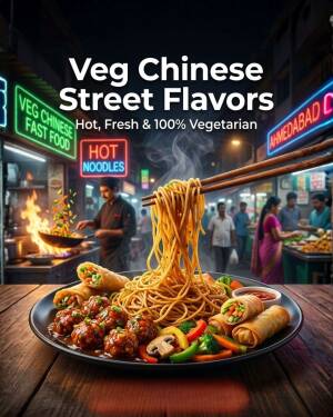 Steaming bowl of delicious vegetarian Chinese noodles and spring rolls at a street food market