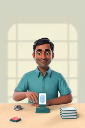 Cartoon illustration of a man using a fingerprint scanner