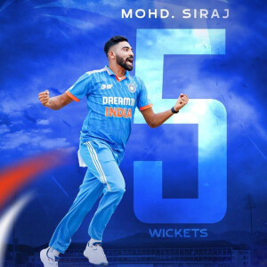 Mohammed Siraj celebrating taking 5 wickets in a cricket match