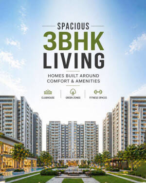 Modern residential complex featuring spacious 3BHK apartments with amenities like clubhouse, green zones, and fitness spaces