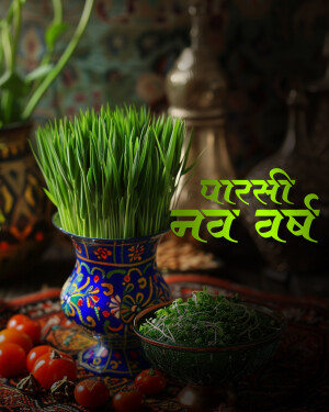 Close-up of Sabzeh (wheatgrass) in a decorative pot with Haft-Seen elements for Nowruz