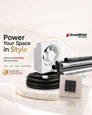 GreatWhite Electricals products including exhaust fan, electrical pipes, cable, and smart switches displayed on a platform.