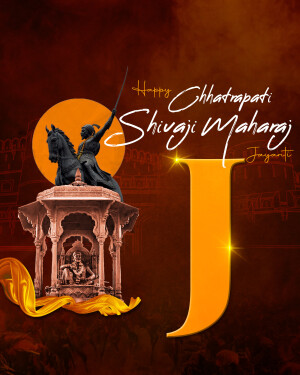 Chhatrapati Shivaji Maharaj on horseback with a fort and a large 'J' in the background