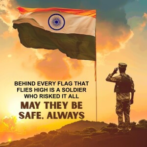 Indian flag waving with a soldier saluting in the foreground