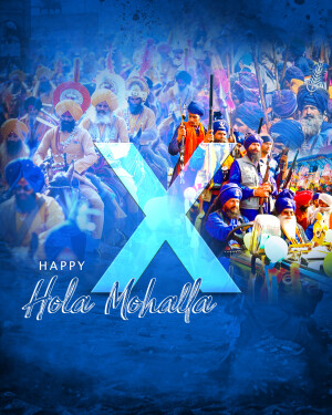 Image depicting a festive Hola Mohalla celebration with Sikh warriors and a large 'X' overlay.