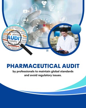Image depicting a pharmaceutical audit with a doctor reviewing data and a magnifying glass over audit-related keywords.