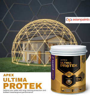Asian Paints Apex Ultima Protek paint can with a house illustration showing weather protection.