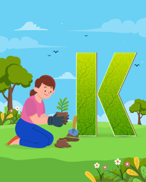 Illustration of a girl planting a seedling next to a large green letter 'K' made of leaves.