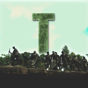 A stone letter 'T' stands prominently over a group of figures in traditional clothing.