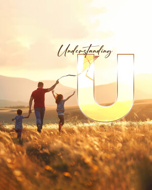 Father and children running in a field with a large letter 'U' and a kite.