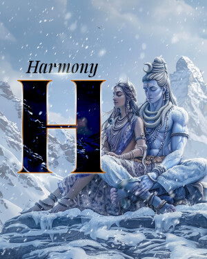 Lord Shiva and Goddess Parvati meditating in a snowy landscape with a large letter 'H'