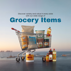 Shopping cart filled with grocery items against a coastal backdrop.
