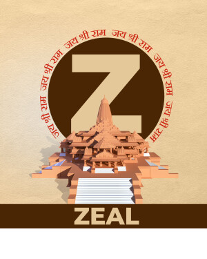 3D rendering of Ram Mandir with the letter 'Z' and 'Zeal' text