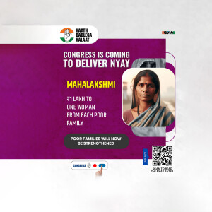 Image promoting the Mahalakshmi scheme by the Indian National Congress, featuring a woman and details about financial assistance.
