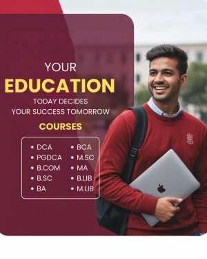 A young man with a laptop promoting education courses.