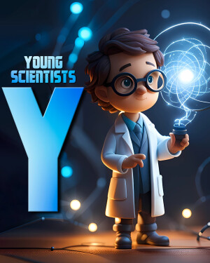 Cartoon illustration of a young scientist with a glowing energy sphere.