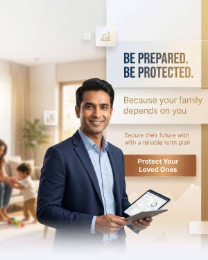 A professional financial advisor holding a tablet promoting term life insurance for family security