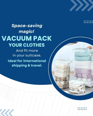 Image of vacuum-sealed clothes in clear plastic bags, promoting space-saving travel solutions.