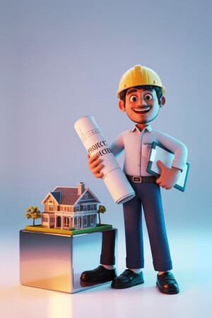 3D rendering of a smiling architect character holding blueprints and a tablet, with a house model.