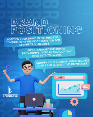 Illustration of a man presenting brand positioning concepts with laptop and charts.