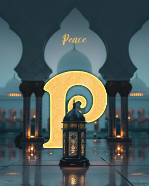 Large illuminated letter 'P' in front of the Sheikh Zayed Grand Mosque