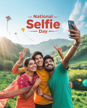 Three young adults taking a selfie with kites flying in the background on National Selfie Day.