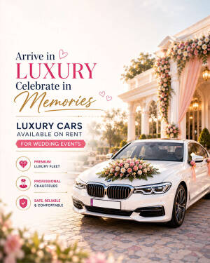 A white luxury BMW wedding car decorated with flowers parked in front of a grand decorated venue.