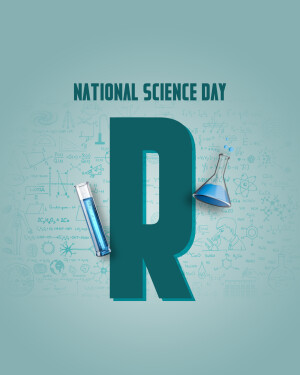 National Science Day graphic with a large letter 'R' and science equipment