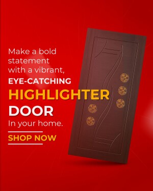 Close-up of a modern brown door with gold detailing and a bold promotional message.