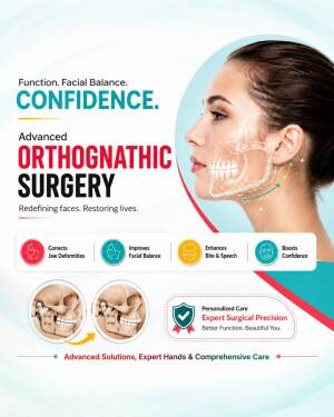 Medical poster promoting advanced orthognathic surgery for facial balance and function