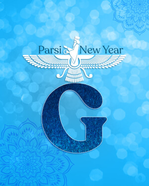 Parsi New Year graphic with Faravahar symbol and letter G