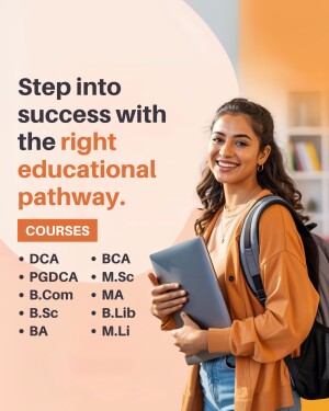 Young woman with backpack and laptop promoting educational courses