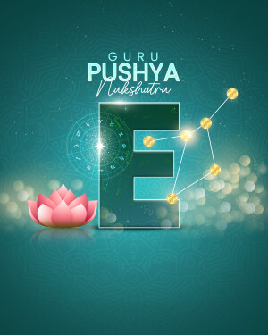 Graphic design for Guru Pushya Nakshatra, featuring astrological symbols and a lotus flower.