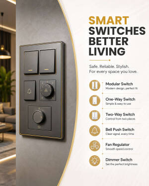 Modern smart home modular switch board featuring fan regulator, bell push, and dimmer controls