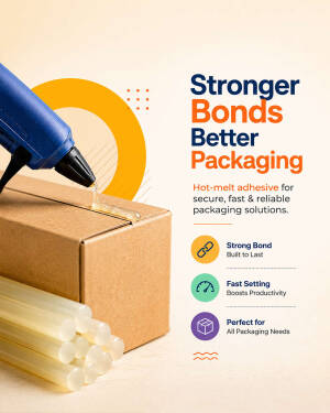 A glue gun sealing a cardboard box with hot-melt adhesive with product benefits listed alongside.