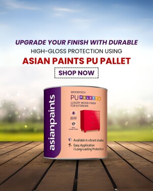 Asian Paints PU Pallet product advertisement with a can of paint and a finished wooden surface.