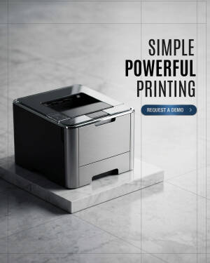 A modern metallic office printer sitting on a marble platform with a request a demo button