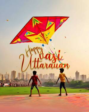 Kite flying during Uttarayan festival with children and city skyline