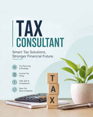A clean, modern graphic for tax consultant services featuring a tax-themed block stack, notebook, and plant on a desk.