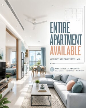 Spacious modern apartment living room with sofa, dining area, and bedroom view