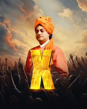 Portrait of Swami Vivekananda with a golden letter X in front of a crowd