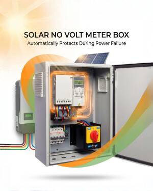 An open electrical control box for solar systems featuring a digital display, circuit breakers, and a large red rotary switch for power failure protection.