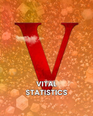 Large red letter V with the text 'VITAL STATISTICS' on a textured orange background.